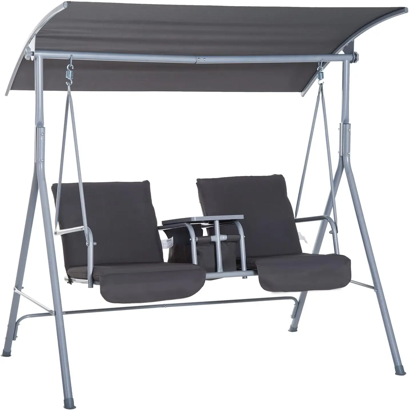 

Outsunny 2 Person Porch Swing with Stand, Outdoor Swing with Canopy, Pivot Storage Table, 2 Cup Holders, Cushions for Patio