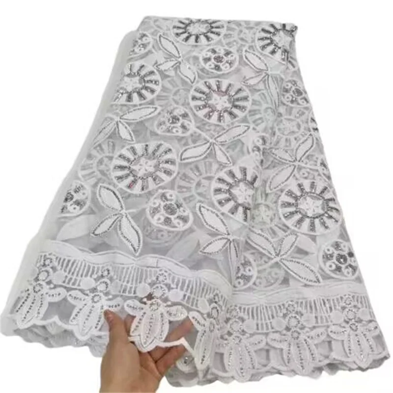 

African Lace Fabric With Sequins 2023 White High Quality Lace Nigerian Embroidery Lace Fabrics For Wedding Sewing