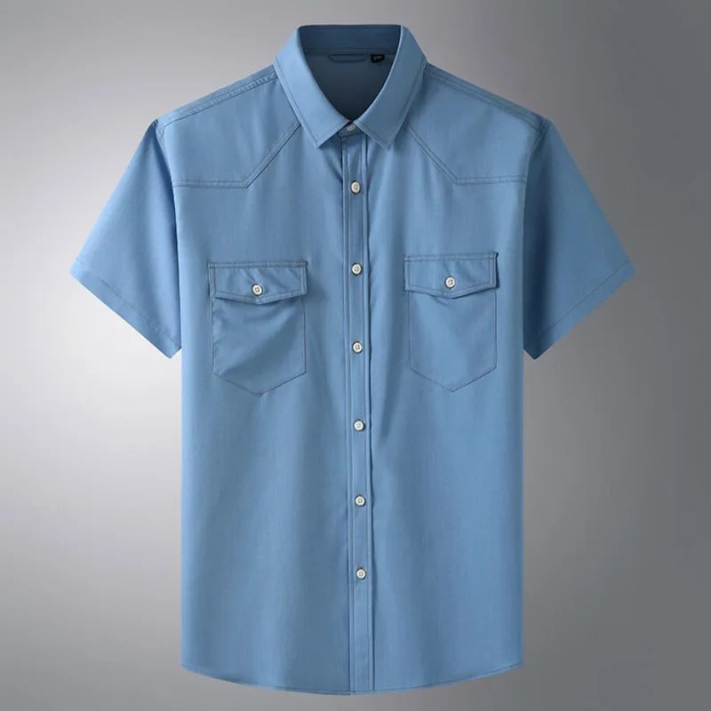 Plus Large Size 13XL 7XL 6XL 4XL Mens Business Casual Short Sleeved Shirt Classic Imitation denim Male Social Dress Shirts Blue 5