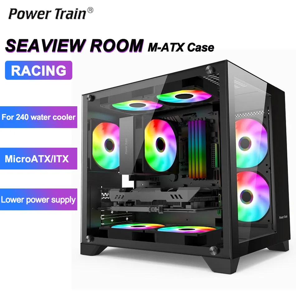 Power Train Desktop Itx Computer Case Seaview Room Side Supporto Per Telaio Trasparente 240/360 Refrigeratore D'Acqua 9 Punte Per Ventola Racing