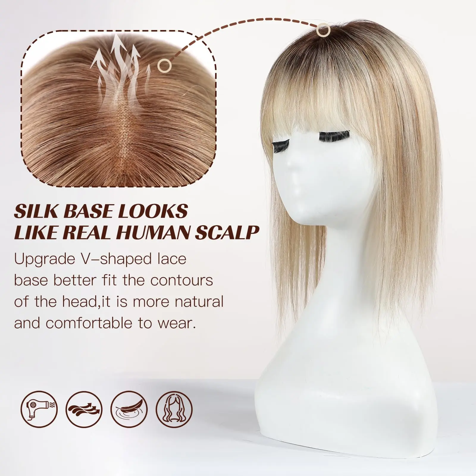 14 Inch Human Hair Topper for Thinning Hair, Swiss Lace Base, 3 Clips Chestnut Brown Human Hair Toppers for Women with Thinning  main image 3