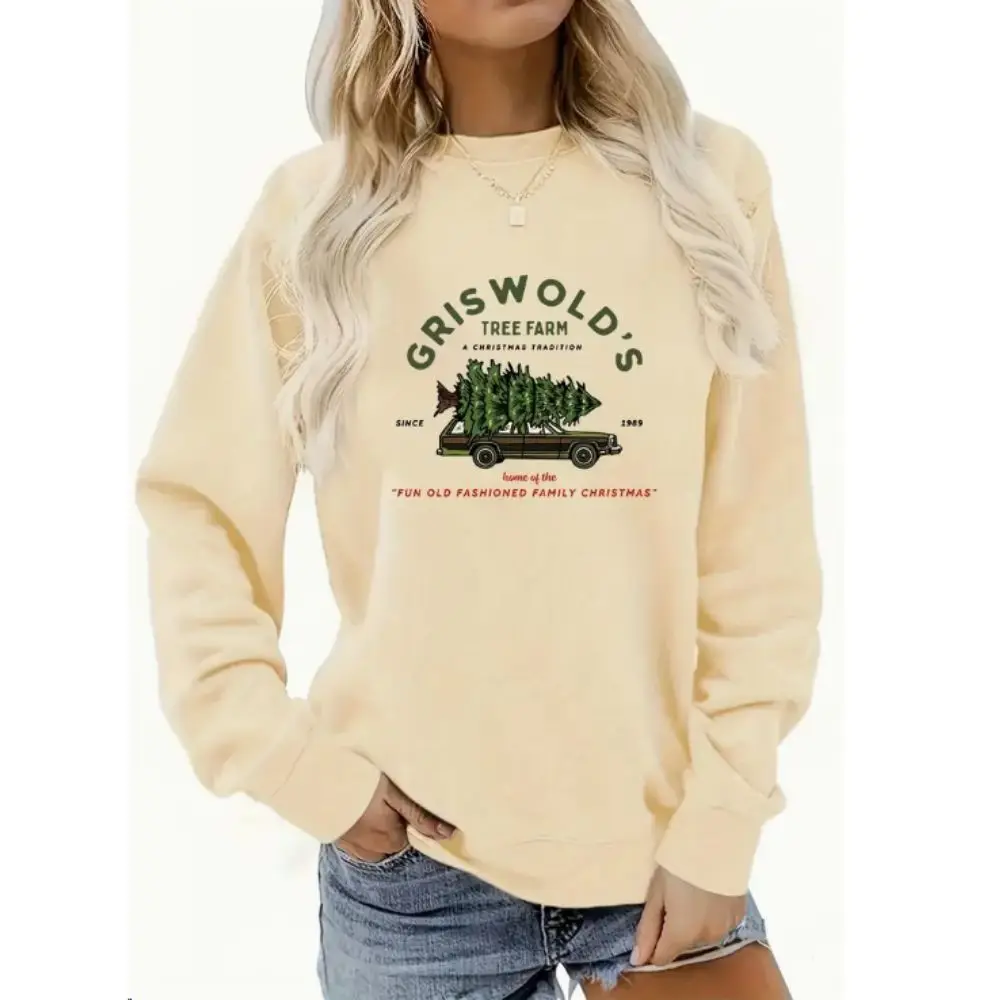 Christmas Tree & Car Print Sweatshirts Casual Crew Neck Drop Shoulder Sweatshirt Slogan Pullover Women's Long Sleeve Pullovers