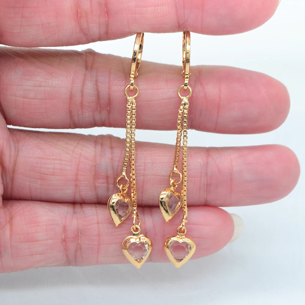 Women Fashion CZ Heart Drop Tassel Earrings Jewelry