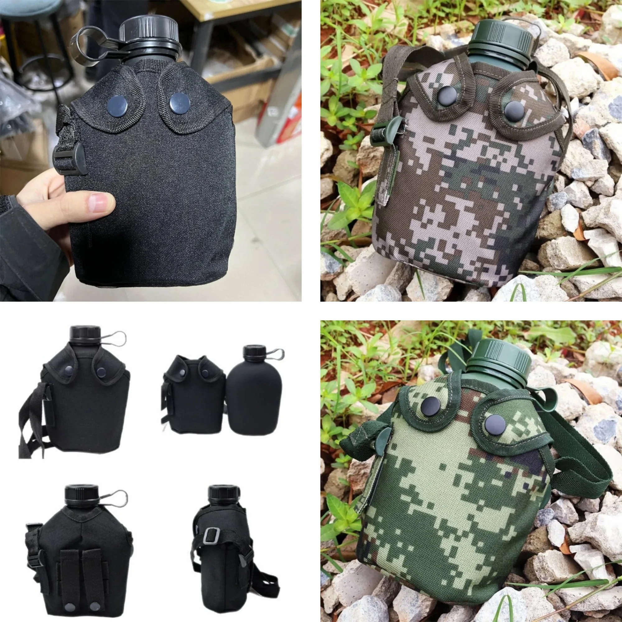Portable Water Bottle Camouflage Water Bottle 1L Leak Proof Wide Mouth Portable Camping Tactical Outdoor Gym Hunting Travel With Pouch Canteen Hiking