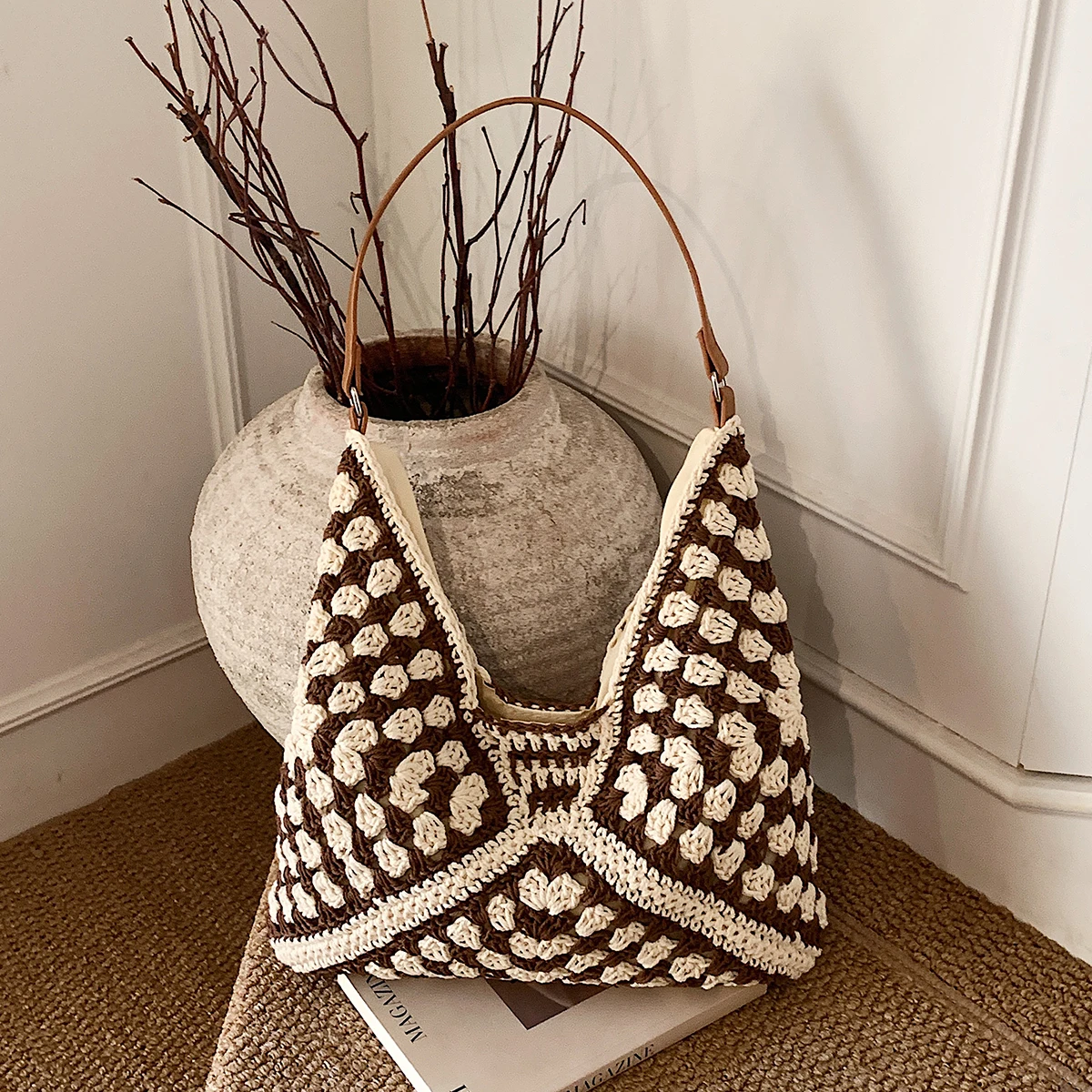 Winter Knitted Wool Bag for Women, Large Capacity, Commuter Shoulder Bag, Underarm Bag, Niche Versatile Handmade Woven Tote Bag for Shopping, College Students