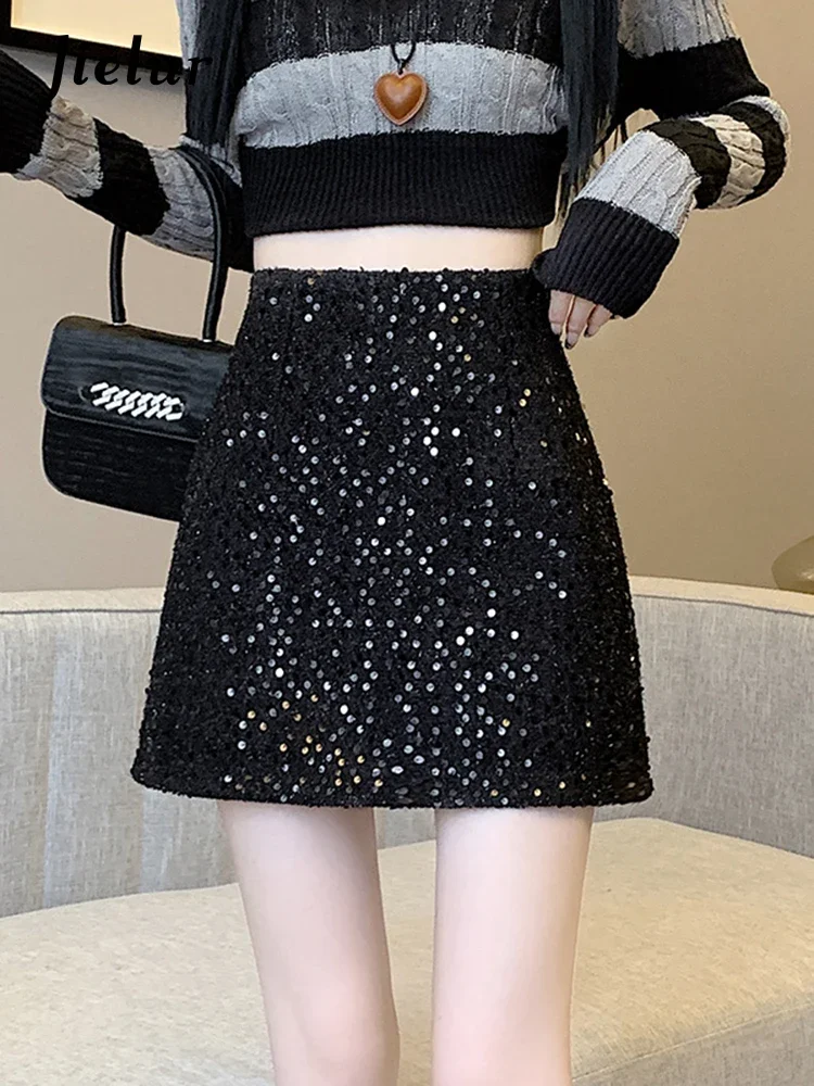 Jielur Autumn New High Waist Slim A-line Skirts Female Slim Fashion Street Tight Hip Skirts Black White Pink Korean Women Skirts sequin skirt spring and summer fashion professional elastic sexy high waist slim hip tight skirt black skirt