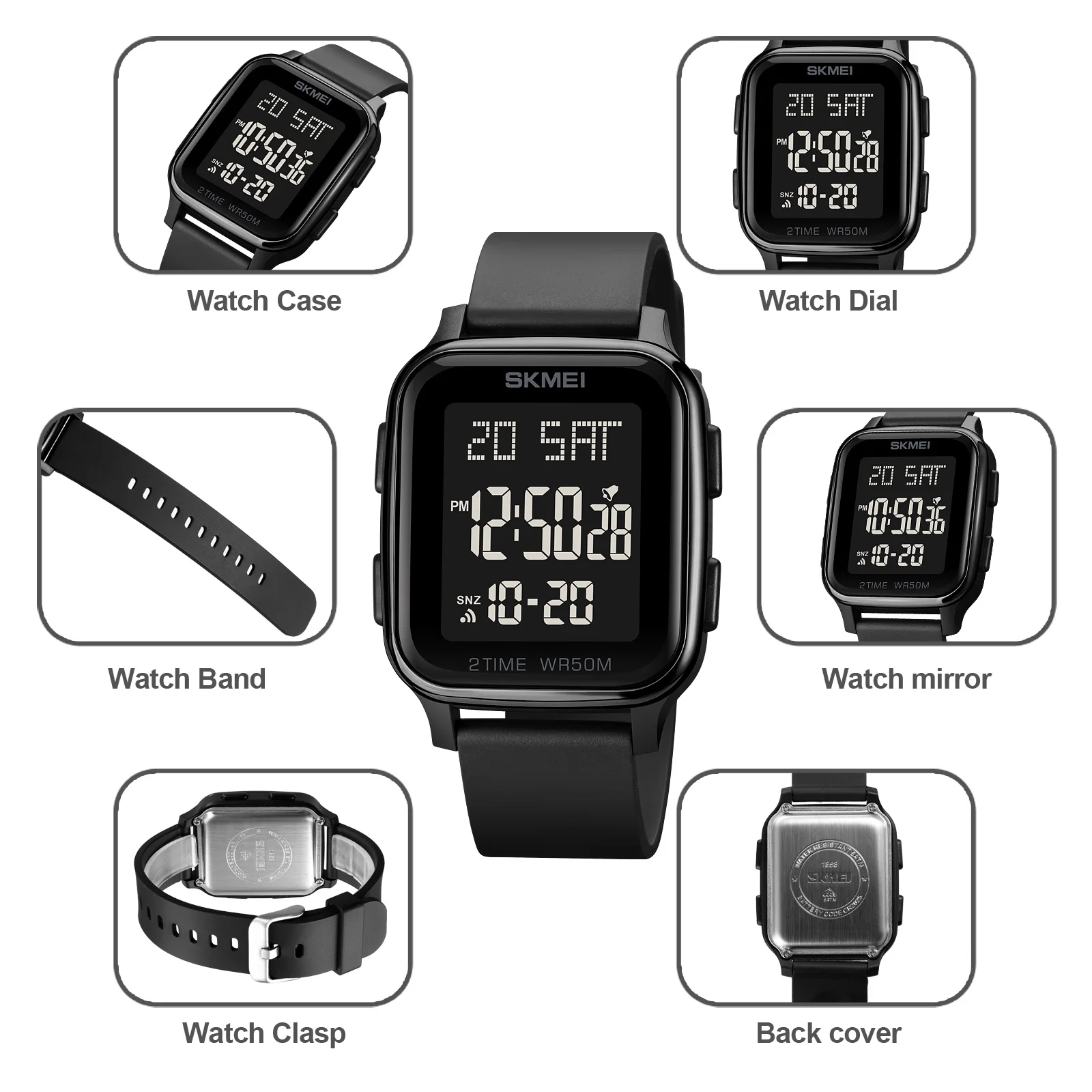 SKMEI Men's Digital Watch Dual Time Countdown 50M Waterproof Large Screen LED Display Multifunctional Sports Wristswatch1858