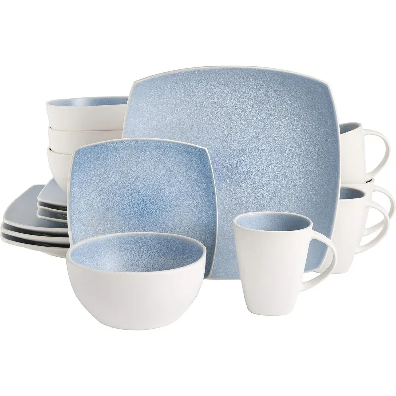 Square Reactive Glaze Stoneware Dinnerware Set, Service for 4 (16pc), Dishwasher and Microwave Safe, Red/White 4
