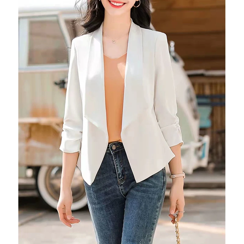 Spring Summer Korean Fashion Elegant 3/4 Sleeve Blazers Top Ladies Slim Shirring Solid Color Casual Suit Coat Women's Clothing