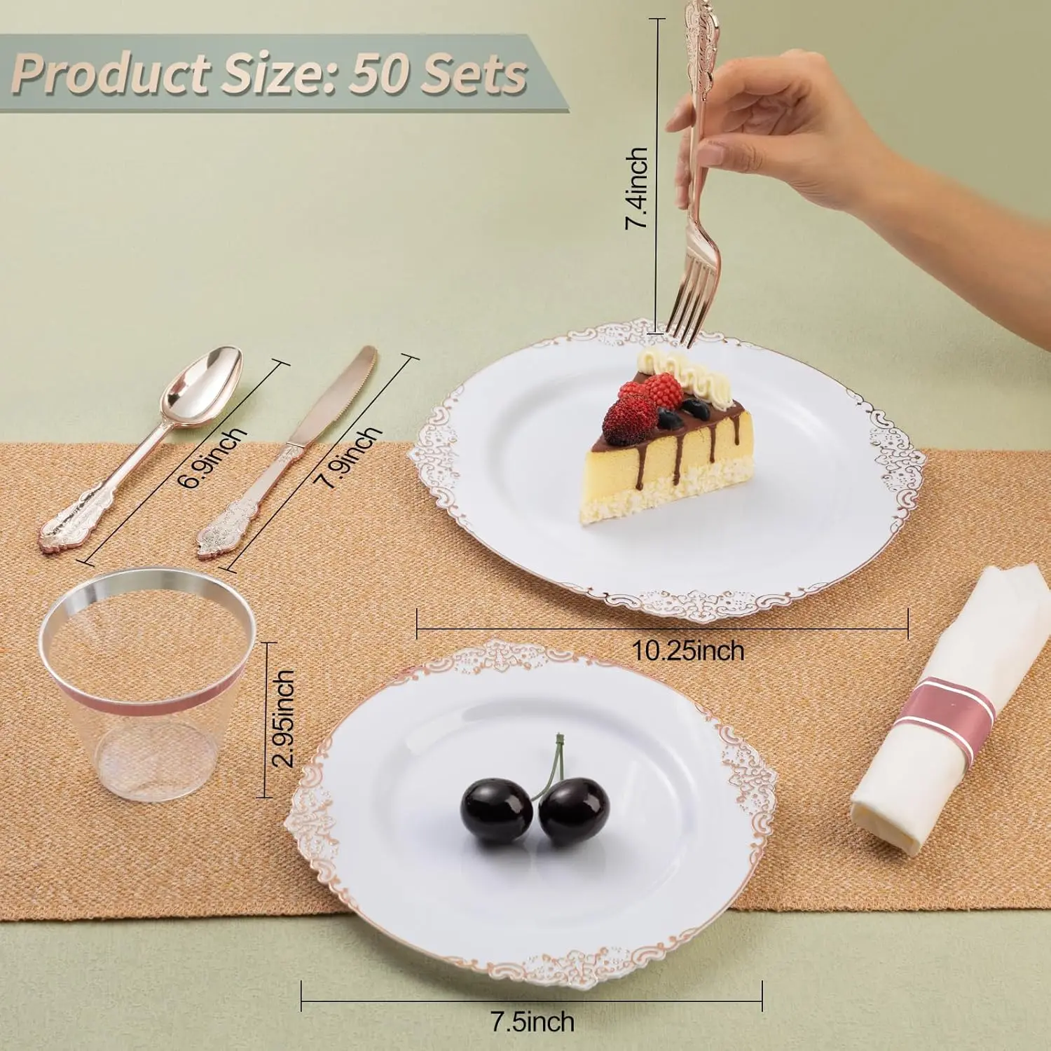 350PCS Rose Gold Plastic Plates for 50 Guests, Disposable Dinnerware Sets Include 100 Rose Gold Rim Plastic Plates 50 Silverware