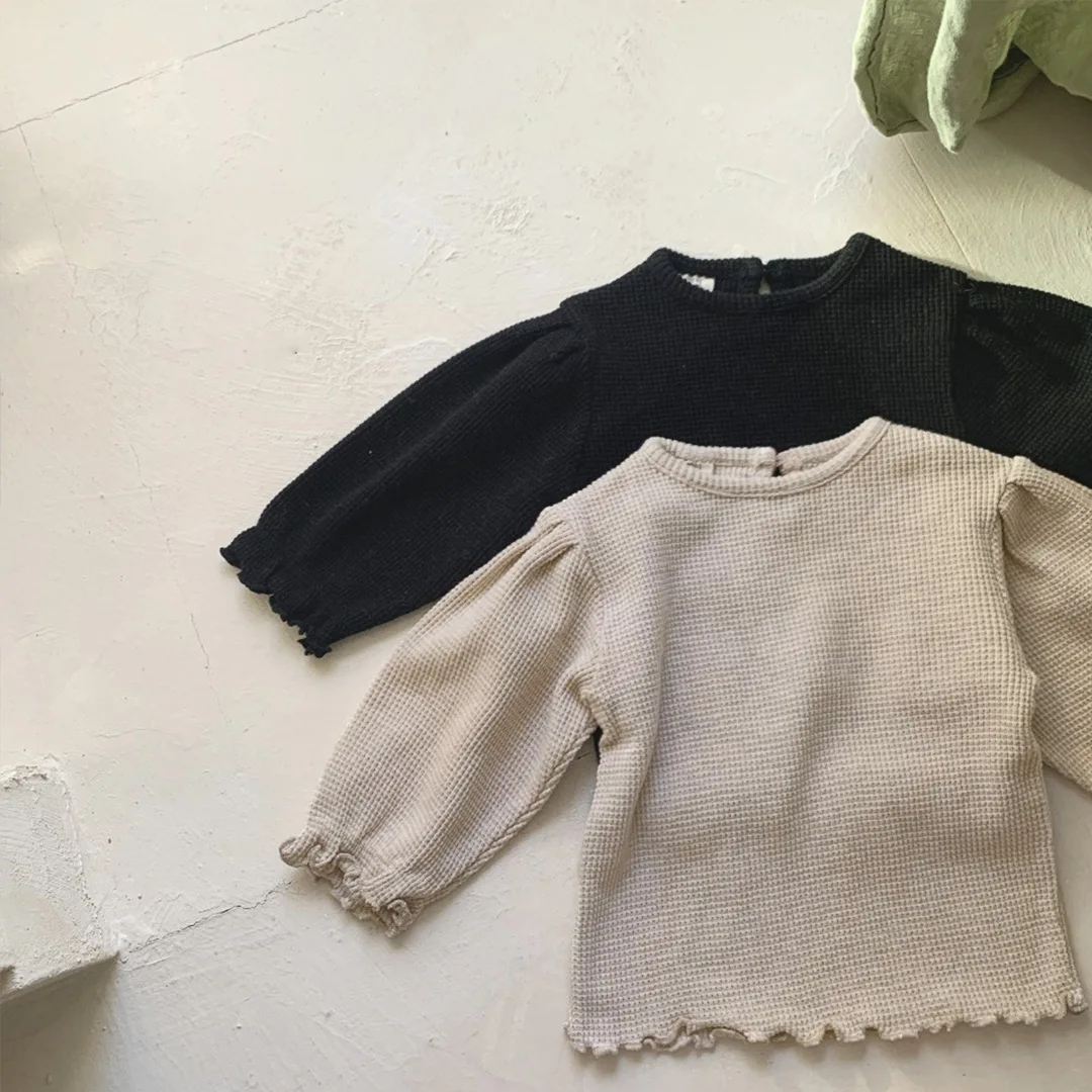 6914 Baby Clothing Set Autumn 2023 Korea Waffle Girl's Suit Long-sleeved T-shirt+ Wavy Hemmed Bell Bottoms Two Piece Suit 4