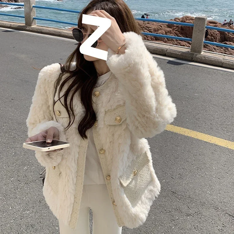Korean Fashion Lamb Wool Coats Women Streetwear O-Neck Faux Fur Jackets Woman 2023 Autumn Winter Thick Warm Plush Coat embroidered lamb fleece standing collar cotton jackets for women s 2023 winter new loose fit bf plush thickened coats