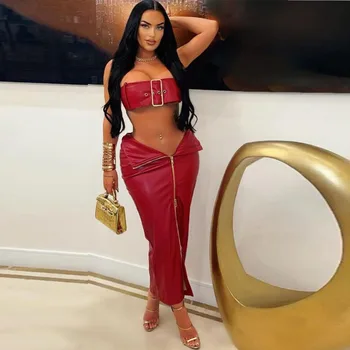 여성용 섹시한 PU 가죽 투피스 세트, 금속 버클 스트랩리스 크롭 탑, 지퍼 슬림 바디콘 맥시 스커트, 나이트 클럽 파티 드레스 슈트