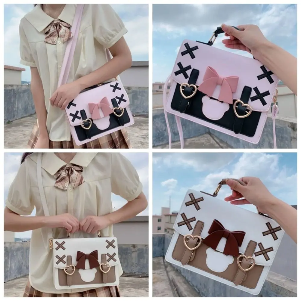 

Bear Bowknot Shoulder Bag Large Capacity Heart Lolita JK Crossbody Bag Korean Style All-match PU Leather Cambridge Bag Outdoor