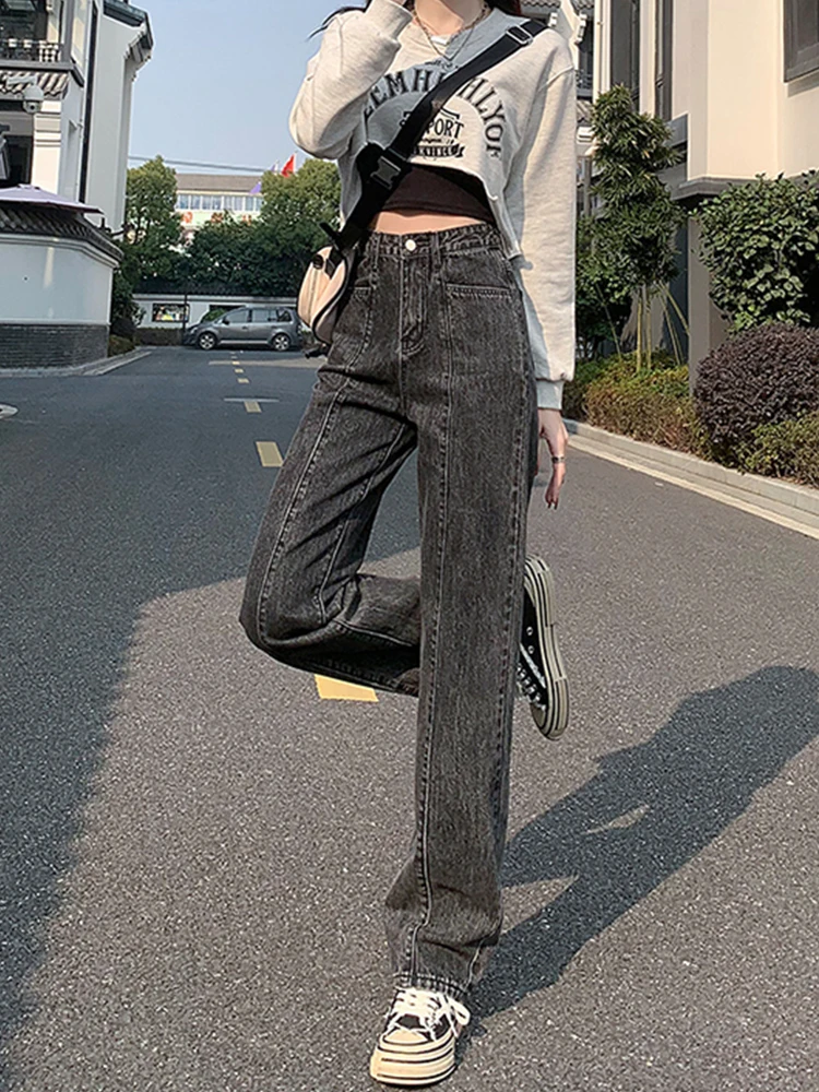 Yitimoky High Waisted Jeans for Women Pant Wide Leg Pants Elastic Fashion Spring 2022 Mom Jeans Woman Students Straight Pants brown jeans