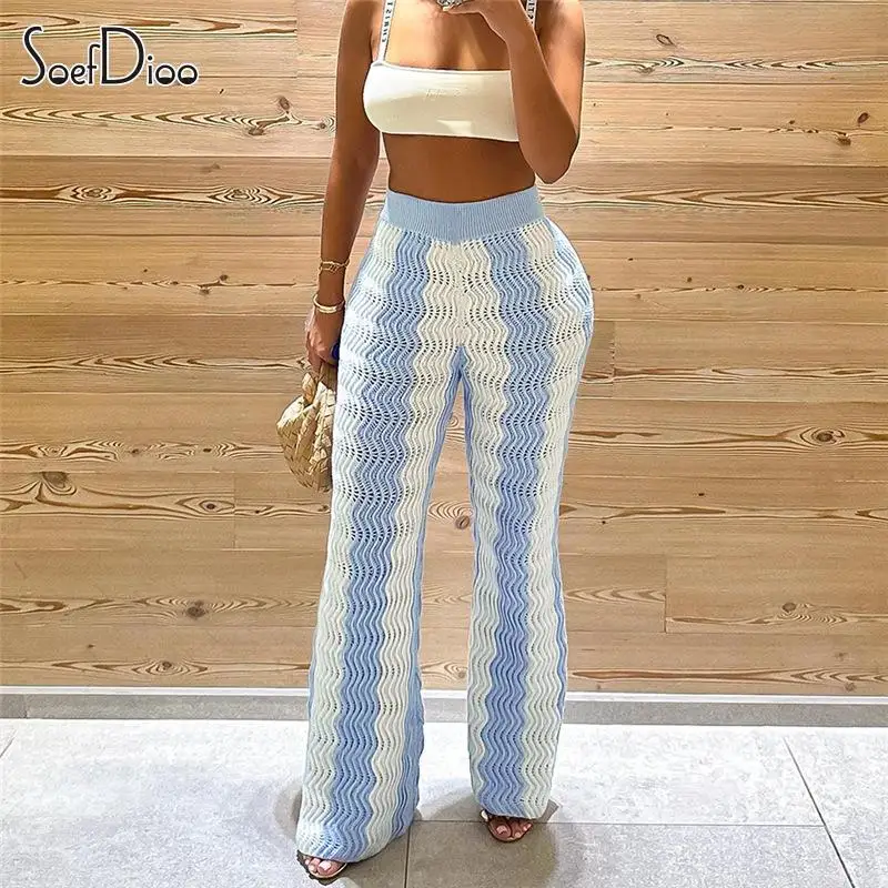 

Soefdioo Wave Striped Contrast Knitted Elastic High Waist Wide Leg Pants Women Fall 2023 Fashion Party Street Trousers Trending