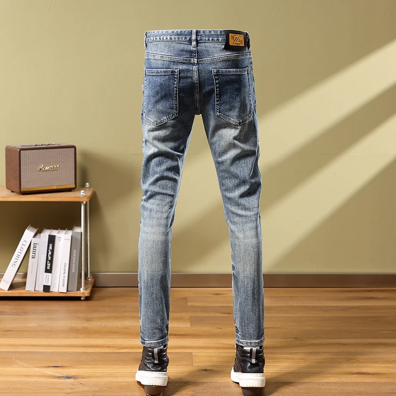 Vintage tide light luxury men's jeans personalised fashion splicing Slim straight heavy star embroidery biker trousers