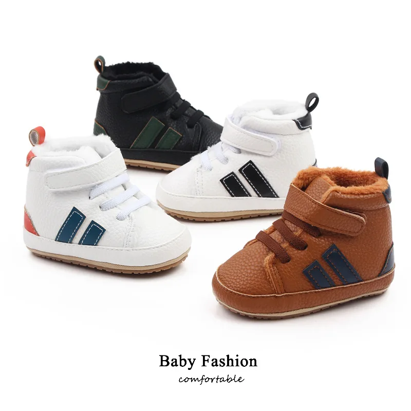 

2022 New Winter Plush Thick Baby Boots Striped Sports Snow Boots Non-slip Rubber Sole First Walkers Newborn Toddler Crib Shoes