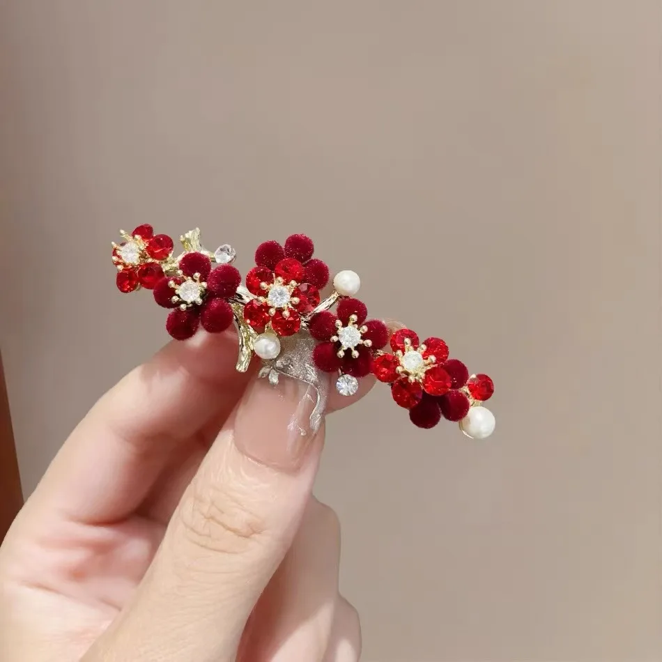 Retro Perle Strass Rote Blume Haarnadel Temperament Halb gebunden Frühling Clip Weibliche Neue Jahr Haar Zubehör