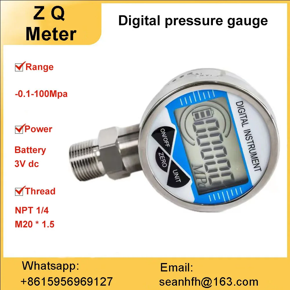 0-60mpa pressure gauge digital display oil, gas and water hydraulic stainless steel battery type digital pressure gauge NPT1/4