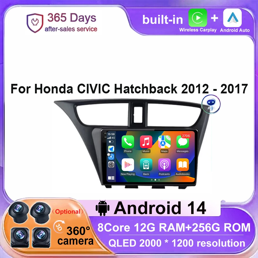 

For Honda CIVIC Hatchback 2012 - 2017 Car Radio Android 14 Multimedia Video Player Navigation Stereo 4G WIFI GPS Carplay Auto BT