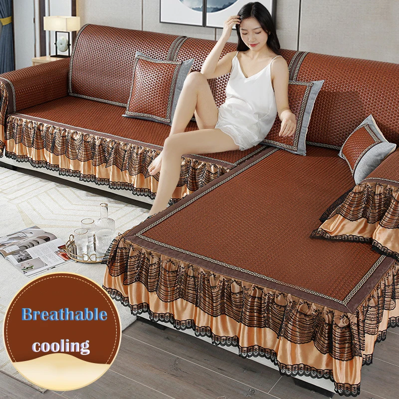 Summer Sofa Cushion Rattan Mat Cushion Non-Slip Stain-Resistant Living Room Sofa Cooler Cover