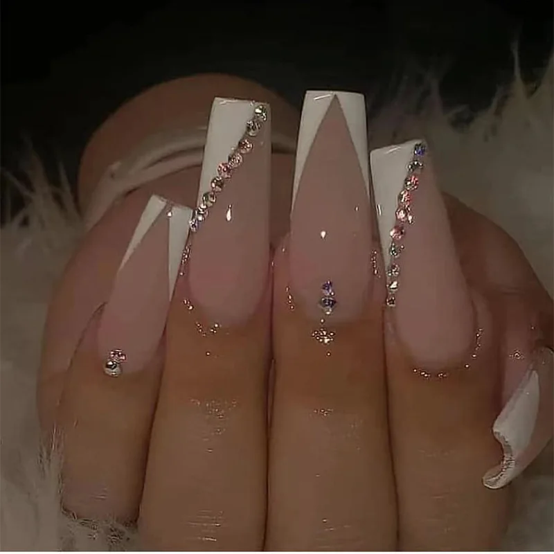 V Shape White French Wearable Nail Art Long Ballet False Nails Rhinestone Detachable Finished Fake Nails Press On Nail With Glue