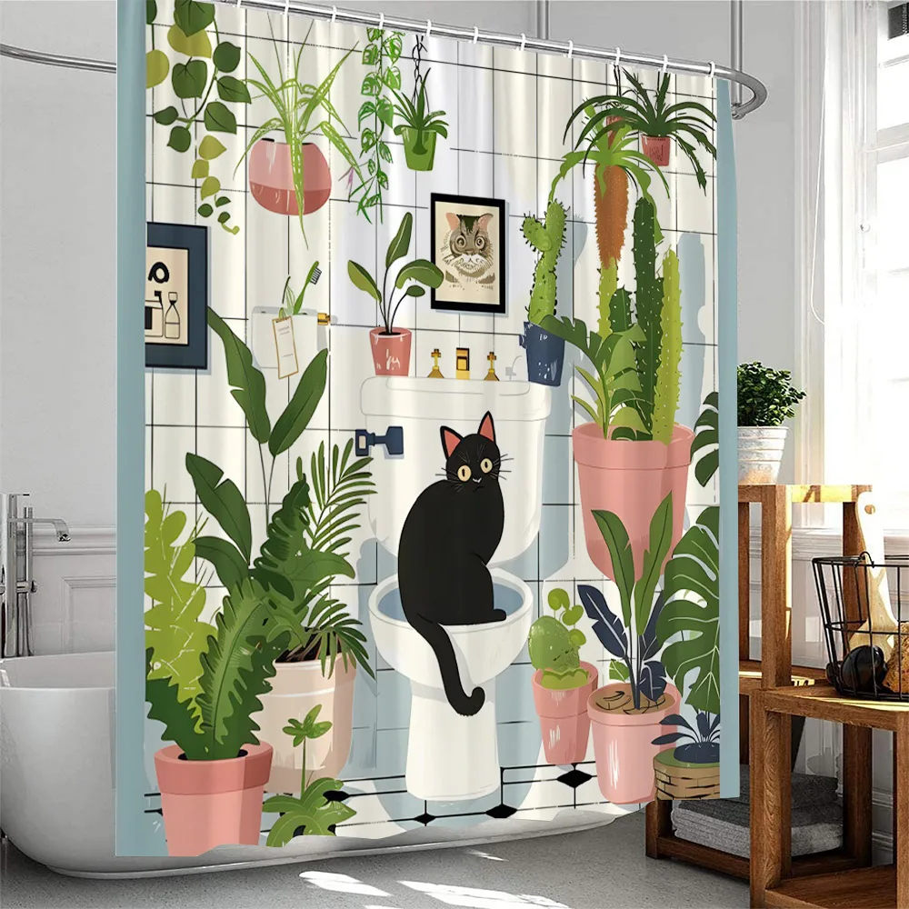 Plant Shower Curtain Cats Green Potted Plants Leaves Cat on the Toilet Modern Bathroom Decor Polyester Fabric Bathtub Curtain shower curtains