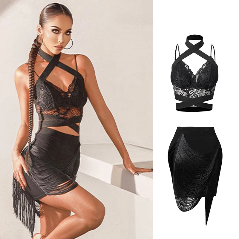 2022 Summer Latin Dance Costume Black Lace Tops Fringe Skirt Practice Clothing Women Cha Cha Samba Performance Wear Sexy Dress