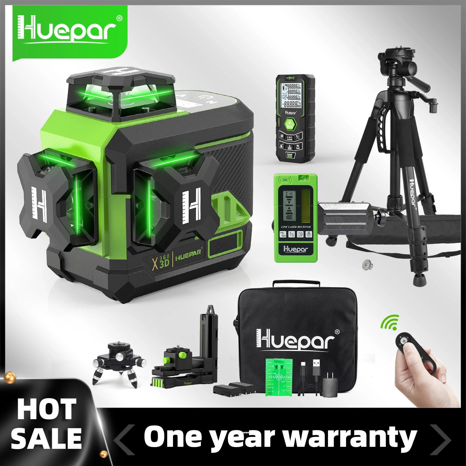 

Huepar Osram Laser Level 3x360°Self Leveling 3D 12 Lines LCD Screen Bluetooth Remote Control with 2pcs Li-ion batteries Z03CG