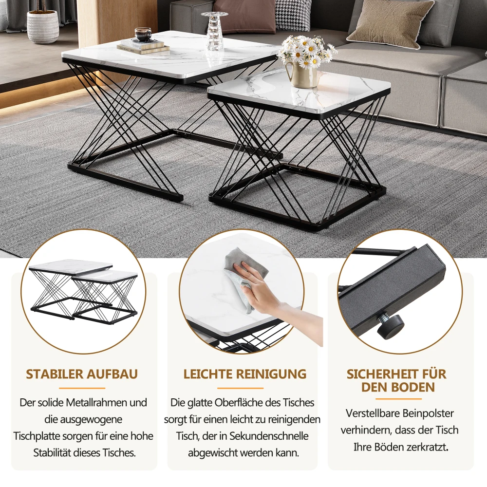 2-teiliges Couchtisch-Set, quadratische Tische in 60 x 60 x 45 cm und 45 x 45 x 40 cm, hochglänzende Marmoroptik, höhenverstellbare Füße, bis zu 30 kg – Detail 18