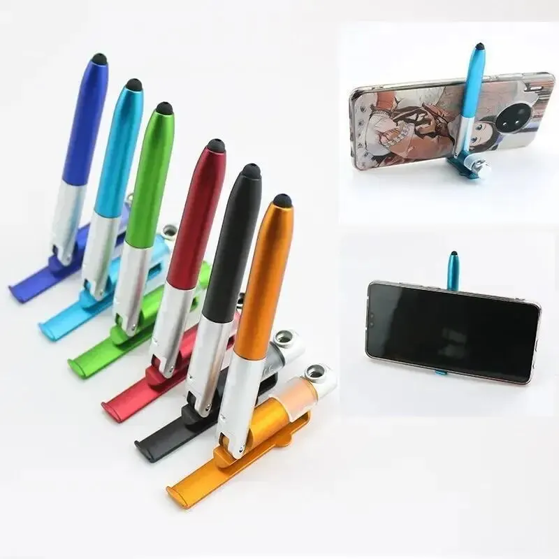 4 In 1 Multi Function Ballpoint Pen With LED Light Fold Phone Holder Night Read Writing Pencil Office School Student Stationery