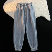 Trendy Elastic Waist Jeans Loose Fit Men's Streetwear High Street Style Versatile New Model Hip Hop Sweatpants
