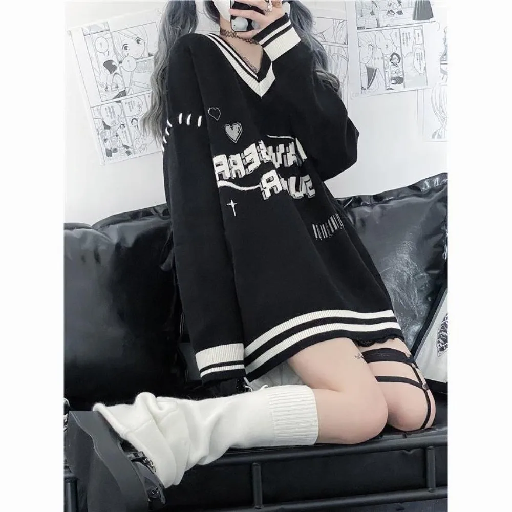 

Deeptown Y2K Black Striped Oversized Hoodie Women Harajuku Grunge Letter Print Sweatshirt V Neck Loose Casual Top Gothic 2000s