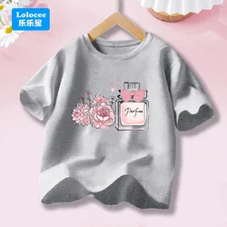 Elegant Floral Perfume Bottle Graphic Tee for Girls - Summer Short Sleeve Cotton Top (GRAY)