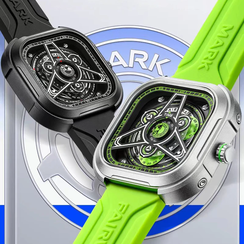 Fashion Men's Quartz Watch 2024 Unique Design Luminous Watches Luxury Square Green Silicone Strap Waterproof Wristwatch Men Gift