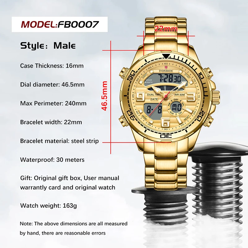 FOXBOX New Gold Quartz Watch For Men Top Brand Luxury Men Waterproof Watch Fashion Military Luminous Chronograph Reloj Hombre