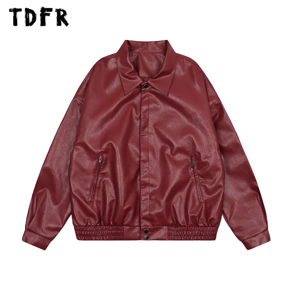 

Solid Color PU Leather Jacket Mens Zipper Pocket Autumn Casual Streetwear Loose Lapel Long Sleeve Outerwear Men
