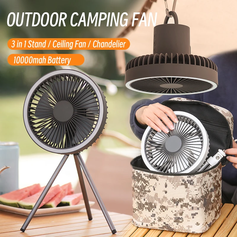 

10000mAh Camping Fan Rechargeable Desktop Portable Circulator Wireless Ceiling Electric Fan with Power Bank LED Lighting Tripod