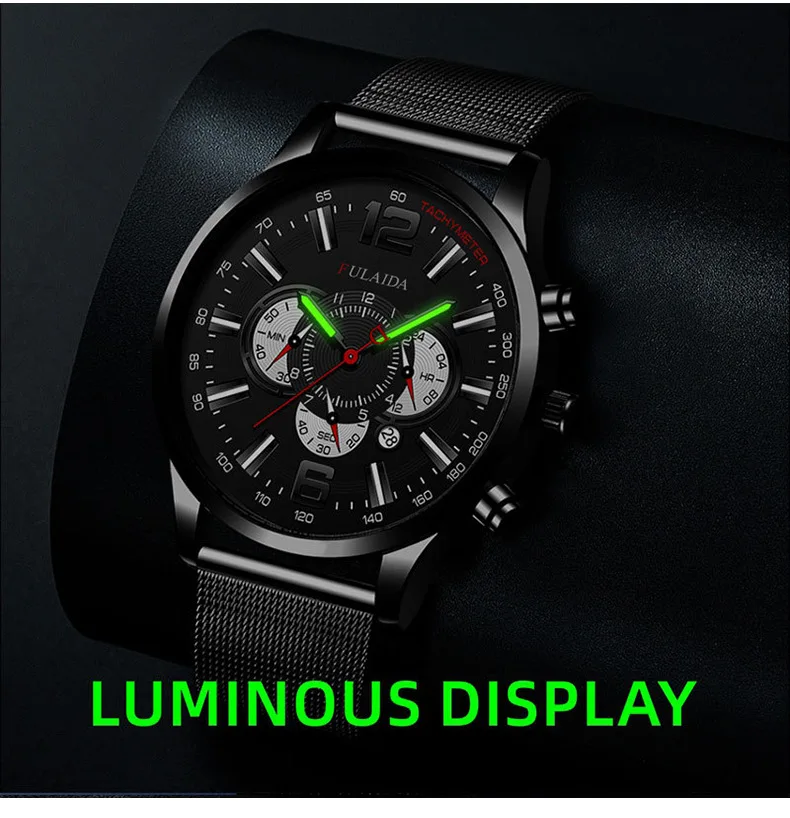 Men's Fashion Business Calendar Watches Luxury Stainless Steel Mesh Belt Analog Quartz Watch Business Luminous Wristwatch Clock