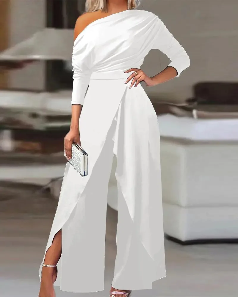 Elegant Jumpsuits For Women 2023 Autumn New Ruched Off Shoulder Slit High Waist Wide Leg Jumpsuit Ladies Chic Commuting Clothing