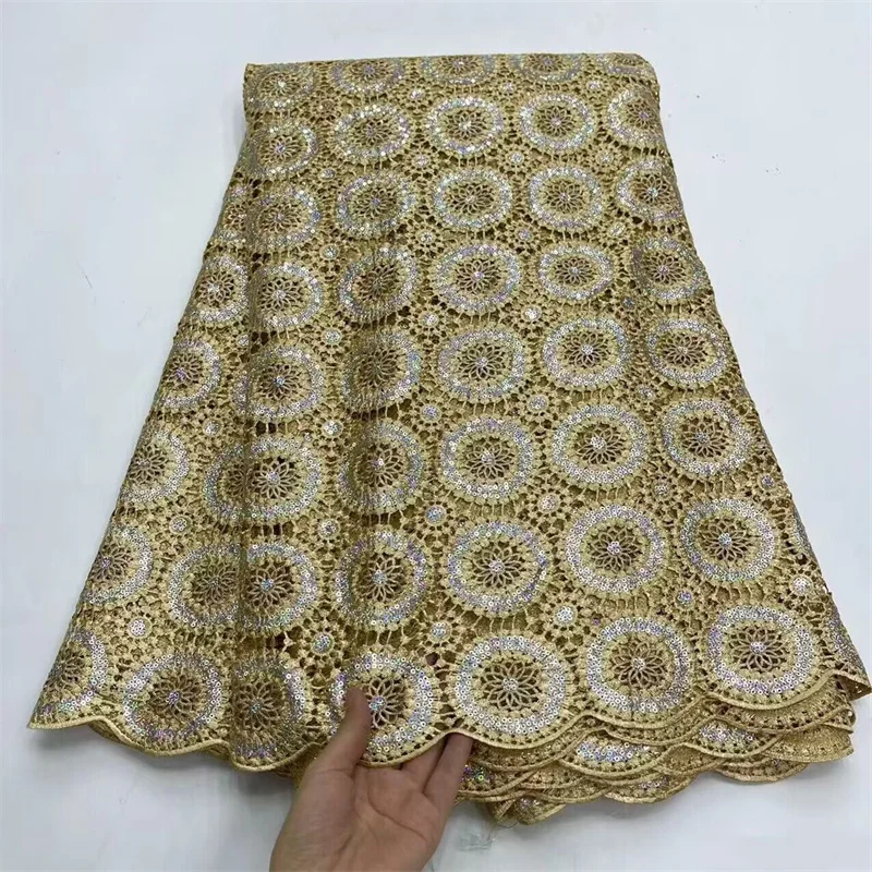 

2024 Gold Latest Water-soluble Lace Fabric High Quality Nigerian Party Sequins Embroidery African Cord Lace Materials 5 Yards