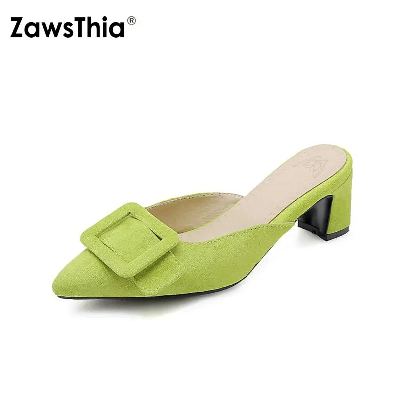 

QPLYXCO 2020 summer flock square high heels green red pink woman slippers outdoor women slides mules with buckle big size 47 48