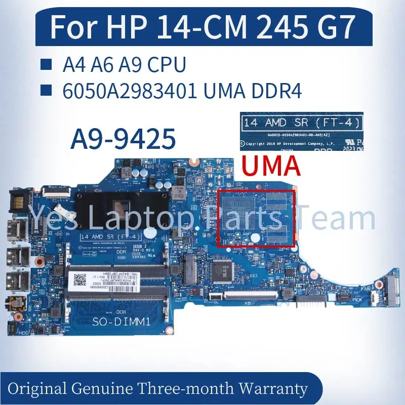 Placa-mãe Portátil para hp Cpu com Slot para Ventilador 6050a2983401 14 Amd sr Ft4 hp 14-cm 245 g7 Tpn-i132 a4 a6 a9 Ddr4 Notebook