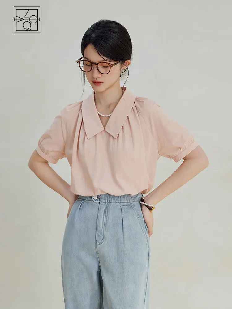 

ZIQIAO Casual Retro Lapel Short-sleeved Shirt for Women Summer Newly Commuting Style Pink Loose Sense Top Shirt for Female