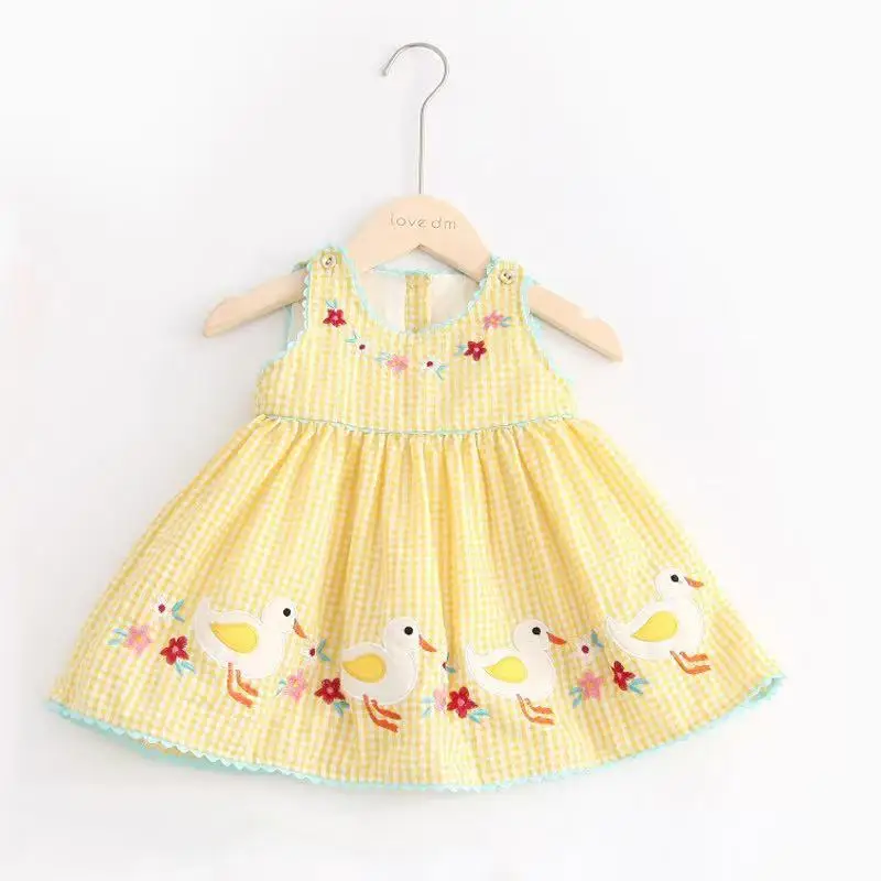 2026 Summer Baby Girl Sleeveless Dress Cute Bunny Duck Embroidery Gingham Princess Dress 0-4Y Girls Soft Casual Party Dress 1
