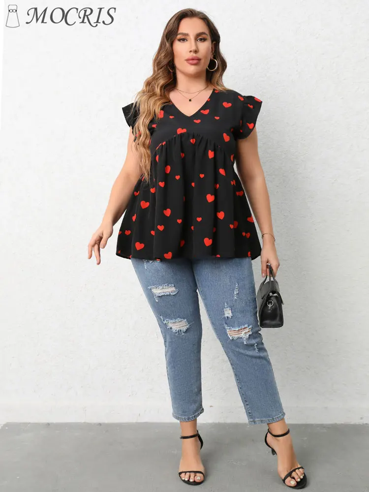 Women's Black V Neck Heart-shaped Pleated Crop Top Polyester Kawaii Sleeveless Oversized T-Shirt Vintage Summer Plus Size 2023