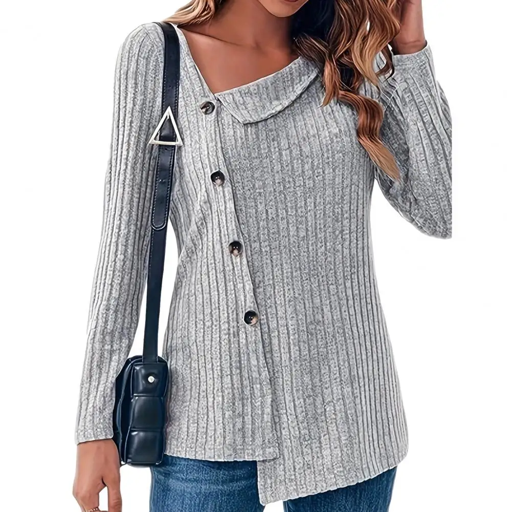 

Fall Spring Top Slant Neck Oblique Irregular Single-breasted Buttons Long Sleeve Knitted Soft Elastic Sweater Blouse