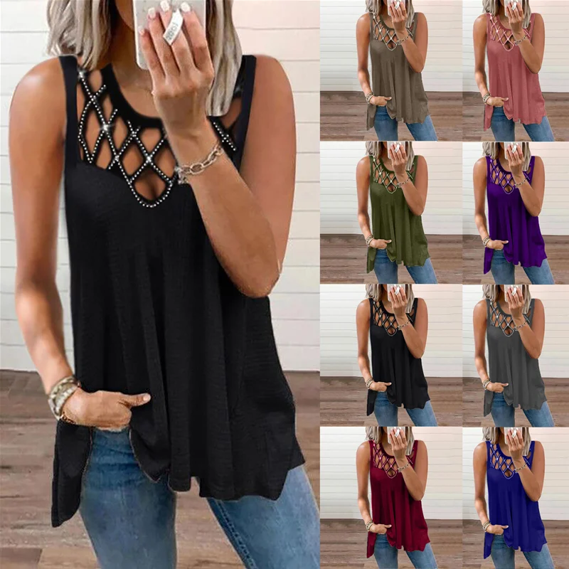 

Women's Summer New Plus Size Vest Fashion Solid Color Sleeveless T-Shirt O Neck Casual Loose Sexy Hollow Stitching Top S-5XL