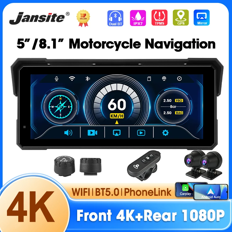 5/8.1 inch Motorcycle Carplay GPS Navigation Wireless Carplay Android Auto IPX7 Waterproof Support 4K + 1080P Dual Lens DVR